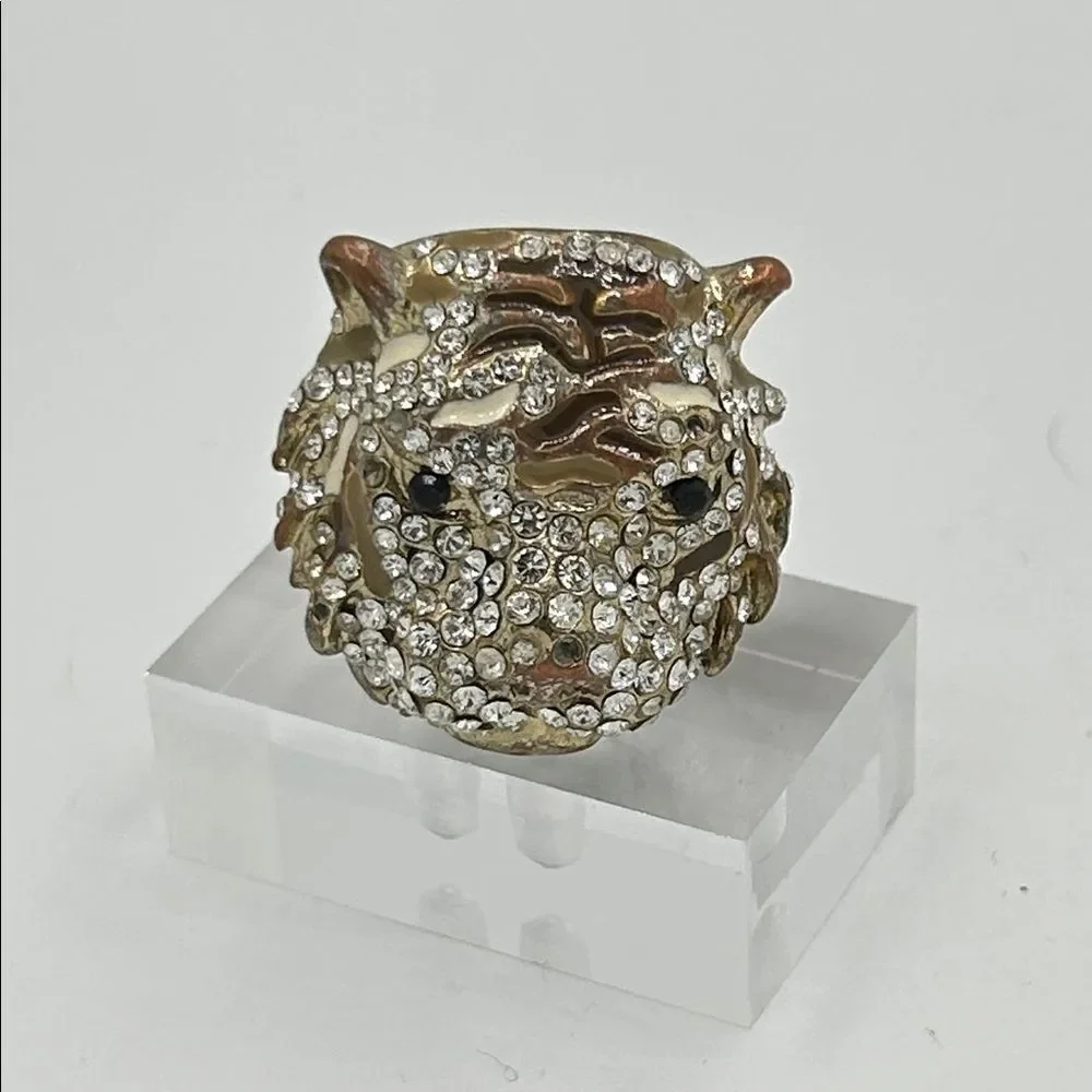 Tiger Cocktail Ring statement rhinestone brass enamel - size 7
